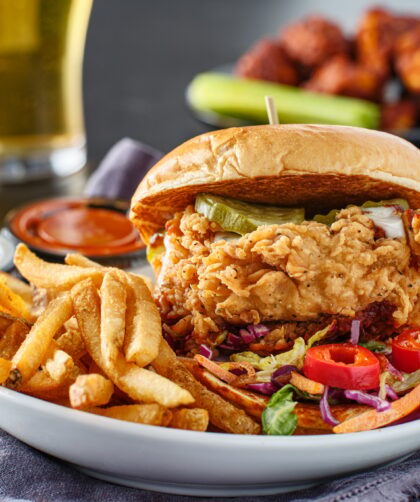 fried chicken sandwich with coleslaw and french fries