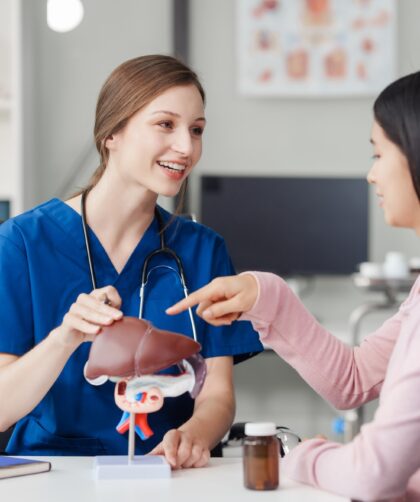 Caucasian liver professional female doctor explain to asian female patient using human liver model