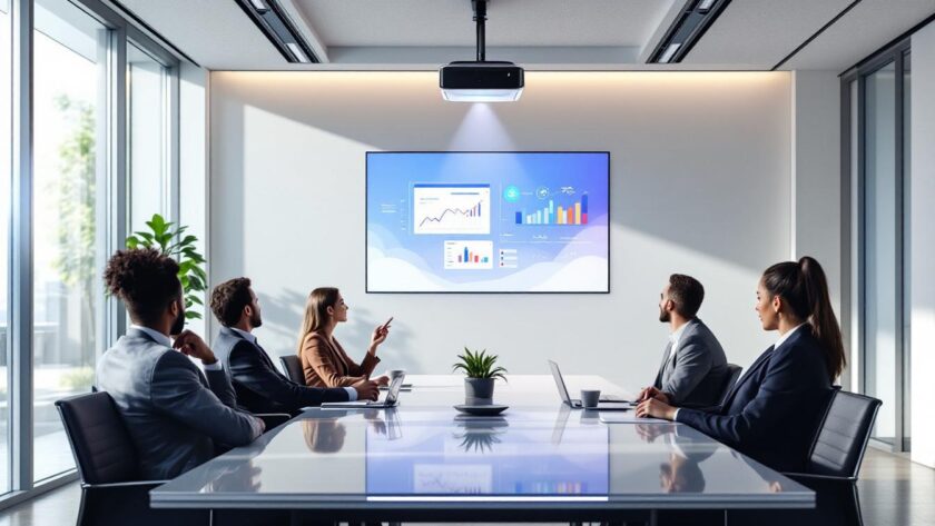 optimisez vos réunions grâce à un vidéoprojecteur bureautique wi-fi moderne, alliant simplicité d'utilisation et performance pour des présentations professionnelles réussies.