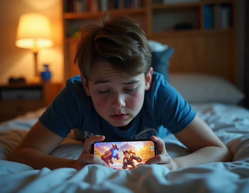 Adolescent allongé sur son lit jouant à Clash Royale sur mobile, expression de frustration et de détermination en arène basse