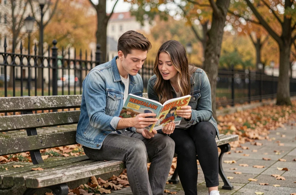 Deux amis lisant ensemble un volume de manga sur un banc dans un parc urbain en automne