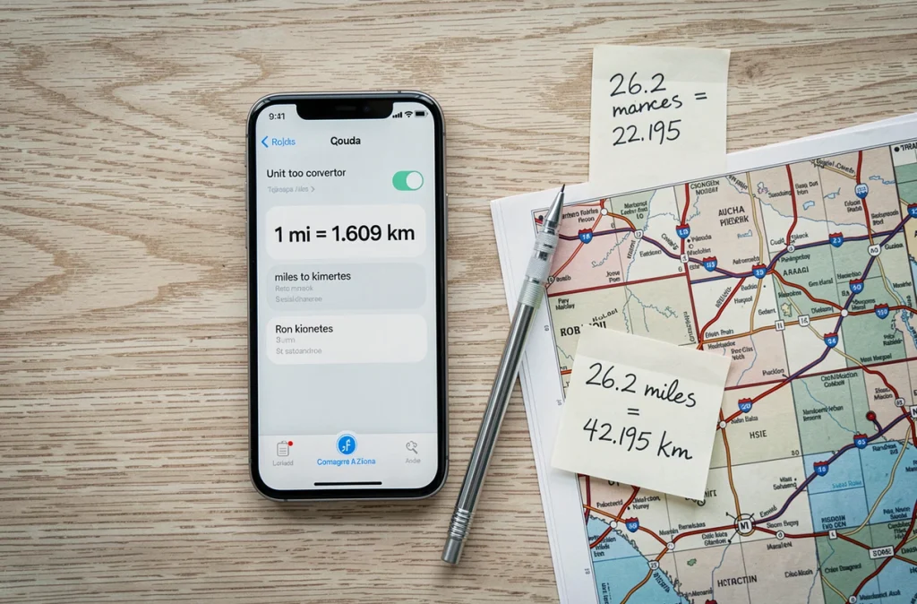 Smartphone affichant une application de conversion miles en kilomètres posé sur une carte routière et des notes manuscrites