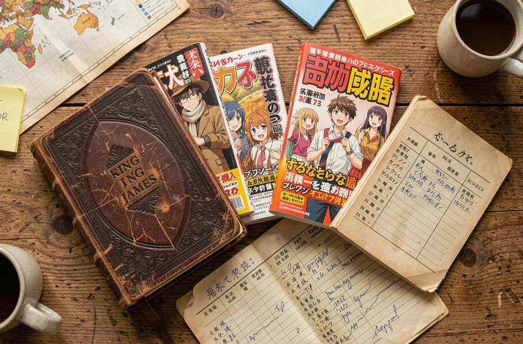 Vue aérienne d'une table avec une Bible usée, des mangas et un graphique de ventes des livres les plus vendus au monde