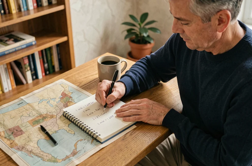 Homme écrivant des conversions de miles en kilomètres dans un carnet sur un bureau en bois avec une carte des États-Unis
