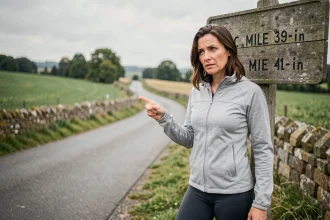 Femme pointant un panneau routier indiquant des distances en miles et en kilomètres sur une route de campagne en France
