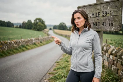 Femme pointant un panneau routier indiquant des distances en miles et en kilomètres sur une route de campagne en France