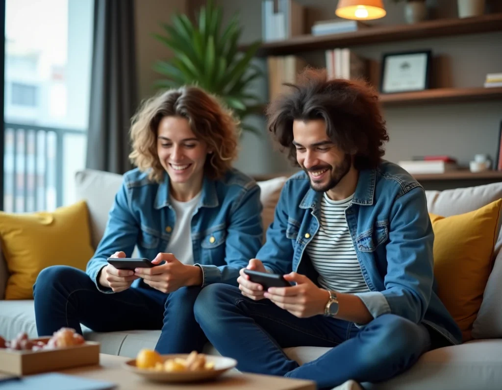 Deux joueurs comparant leurs decks Clash Royale sur mobile dans un salon moderne, stratégie de jeu en arène