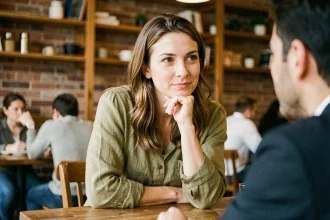 Femme attentive en train d'écouter activement son interlocuteur dans un café, illustrant la différence entre entendre et écouter
