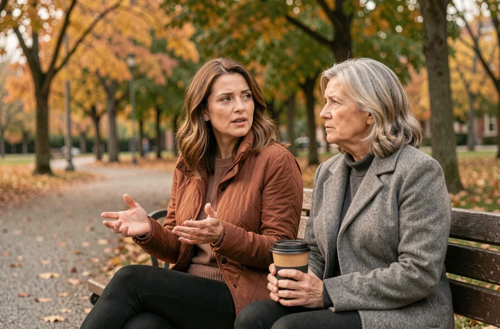 Deux femmes en conversation sincère sur un banc de parc en automne, illustrant l'écoute empathique et le passage de l'entendre à l'écouter