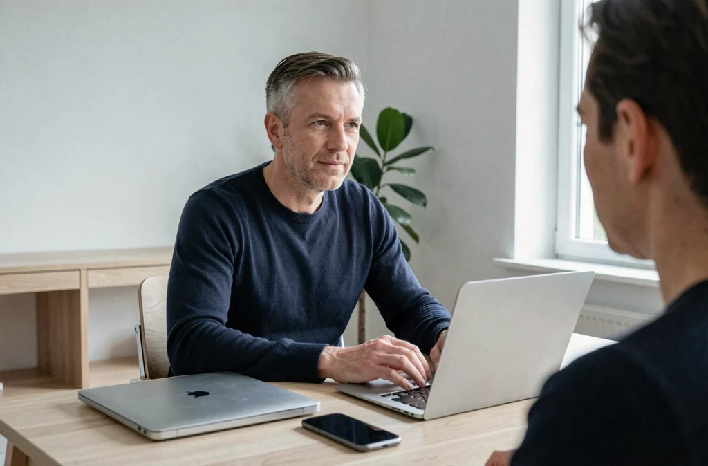 Homme concentré écoutant sans distraction dans un bureau minimaliste, symbolisant l'écoute intentionnelle et la présence totale
