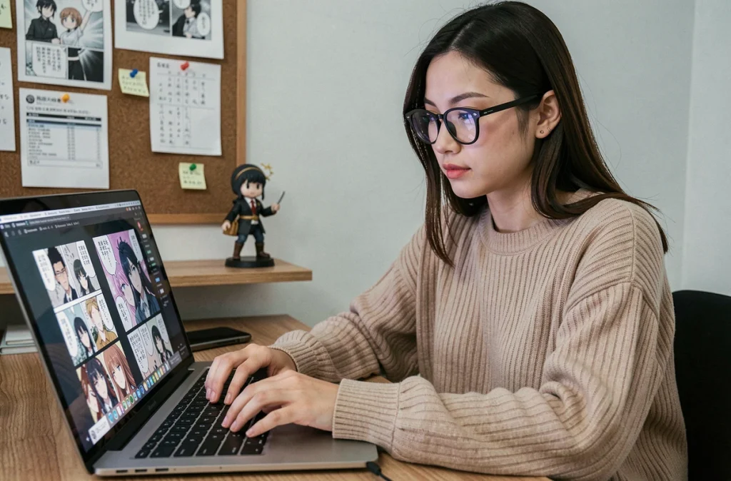 Jeune femme à lunettes lisant des scans de manga sur un ordinateur portable à son bureau à domicile