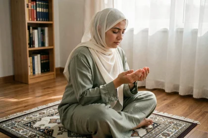 Femme musulmane en prière sur un tapis, mains levées en signe de doua Istikhara, expression sereine et apaisée dans une chambre lumineuse