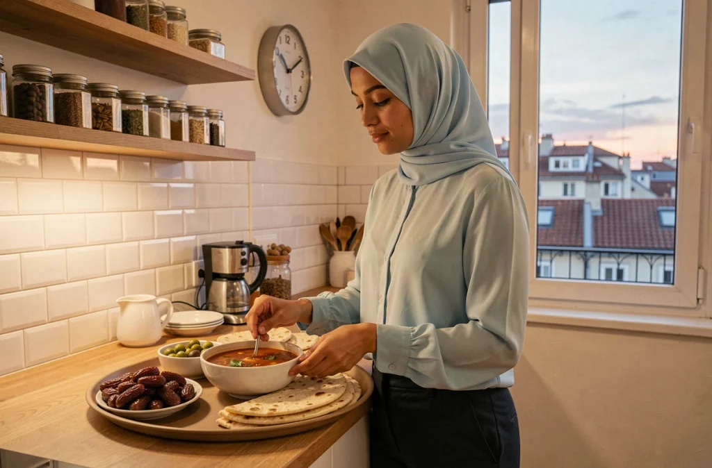 Jeune femme en hijab préparant le repas de l'iftar dans une cuisine moderne à Lyon pendant le Ramadan