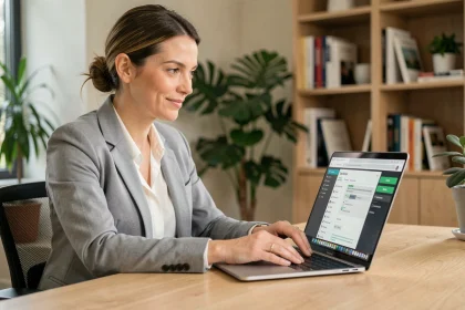 Femme professionnelle consultant la plateforme Co-valence.fr sur un ordinateur portable dans un bureau moderne