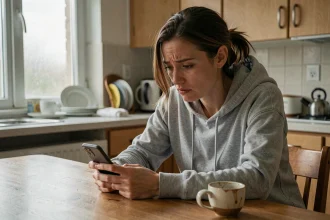 Femme regrettant d'avoir partagé des informations en ligne, assise seule dans sa cuisine avec son smartphone
