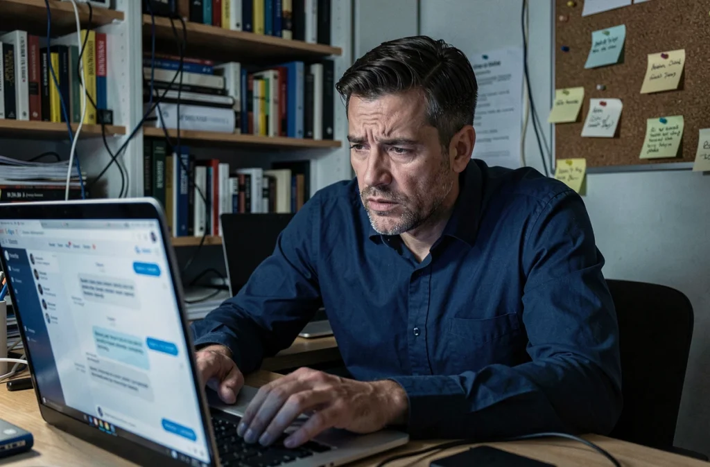Homme inquiet face à son ordinateur portable dans un bureau à domicile encombré, illustrant les risques des échanges en ligne non sécurisés