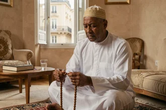Homme musulman en djellaba blanche tenant un chapelet et priant dans un salon lyonnais pendant le Ramadan