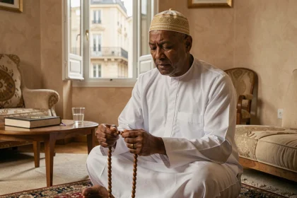 Homme musulman en djellaba blanche tenant un chapelet et priant dans un salon lyonnais pendant le Ramadan