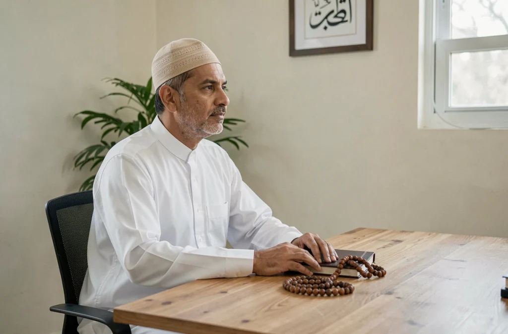 Homme en tenue islamique assis à un bureau, égrenant un chapelet en bois avec un journal fermé, ambiance de réflexion spirituelle après l'Istikhara