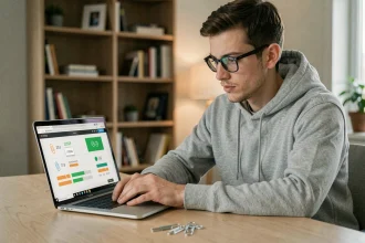 Homme jouant au jeu Paper Clip en ligne sur un ordinateur portable dans un bureau à domicile moderne