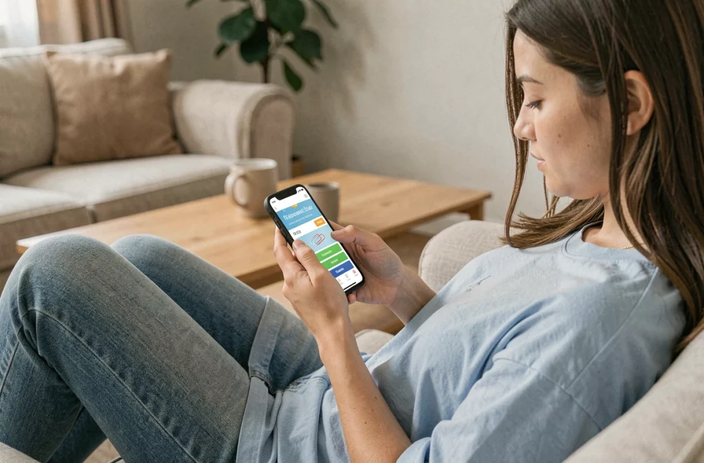 Femme jouant au jeu Paper Clip sur mobile depuis son canapé avec interface de jeu visible