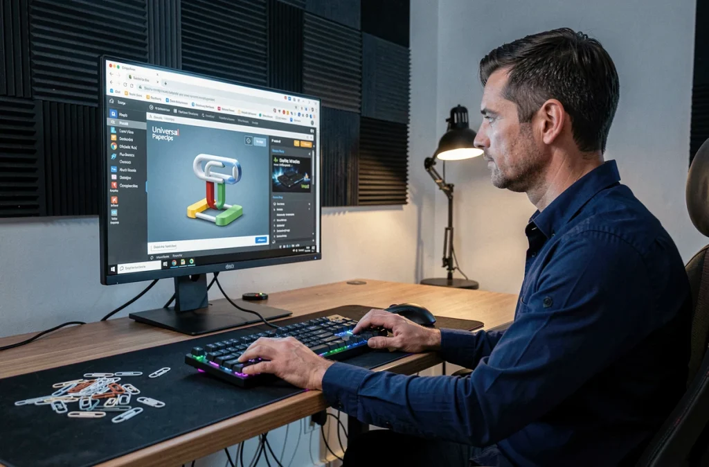 Homme jouant au jeu Paper Clip sur PC de bureau avec clavier mécanique et trombones sur le bureau