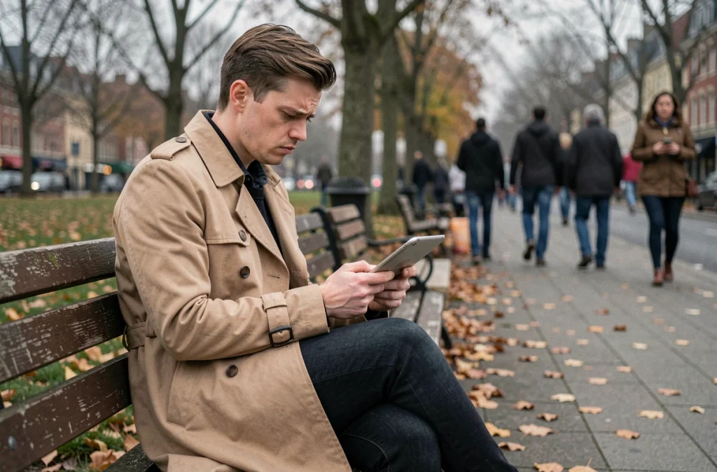 Jeune adulte anxieux consultant une tablette sur un banc de parc en automne, symbolisant les regrets liés aux échanges numériques imprudents
