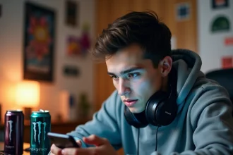 Joueur de Clash Royale concentré sur son smartphone dans sa chambre, illustrant la progression en arène basse