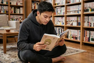 Jeune homme lisant un manga assis par terre dans un salon cosy entouré de bandes dessinées japonaises