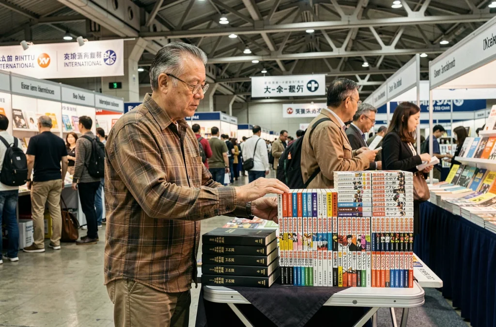 Libraire arrangeant un présentoir de bibles et de mangas dans un salon du livre international