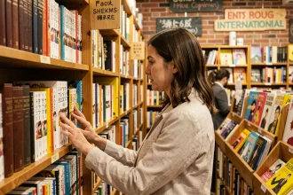 Femme parcourant les rayons d'une librairie internationale avec mangas, bibles et romans graphiques côte à côte