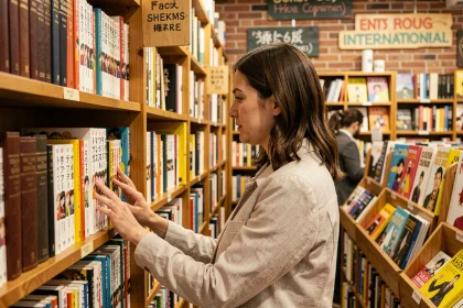 Femme parcourant les rayons d'une librairie internationale avec mangas, bibles et romans graphiques côte à côte