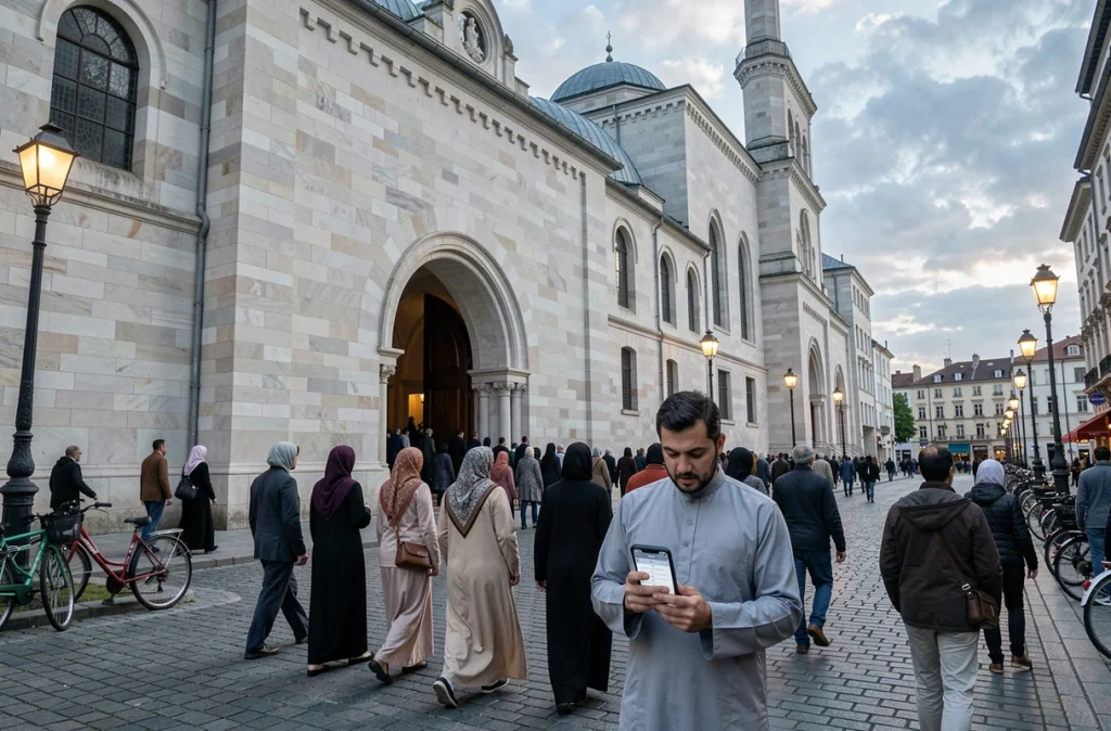 Fidèles musulmans se rendant à la mosquée de Lyon pour la prière du soir pendant le Ramadan