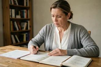 Proche de détenu étudiant des documents juridiques sur le calcul de remise de peine et le bracelet électronique à domicile