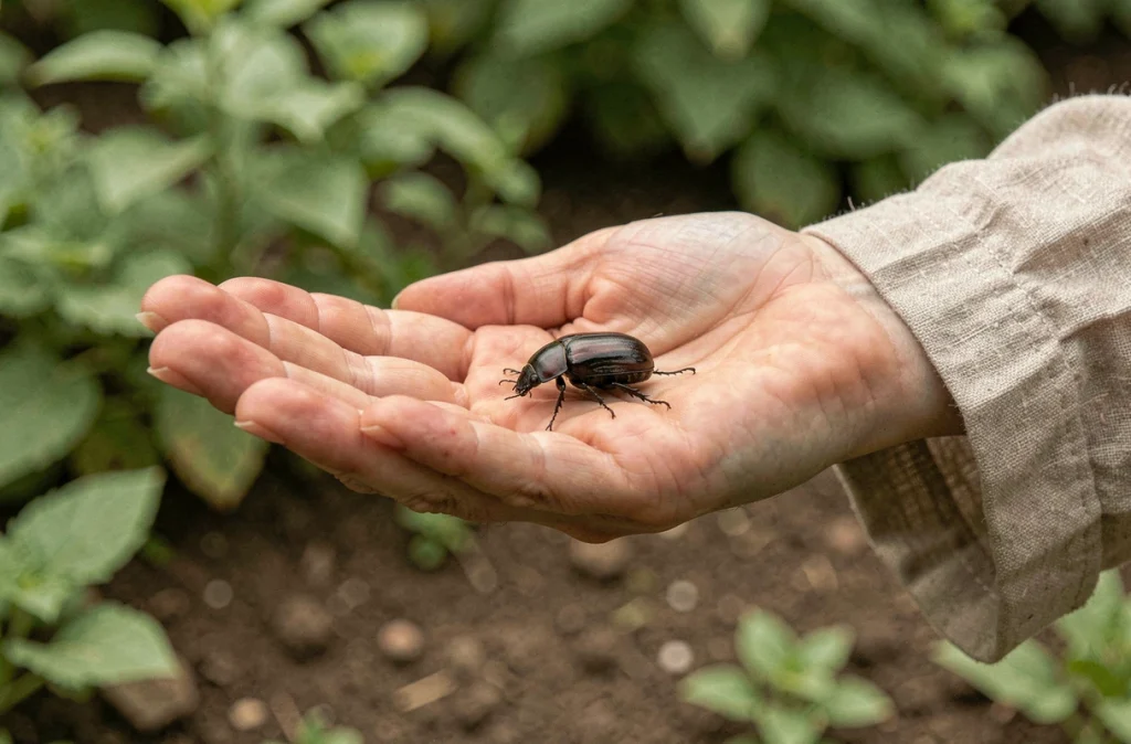 Femme tenant un scarabée dans sa paume ouverte dans un jardin, symbolisant la connexion spirituelle avec la nature et la protection