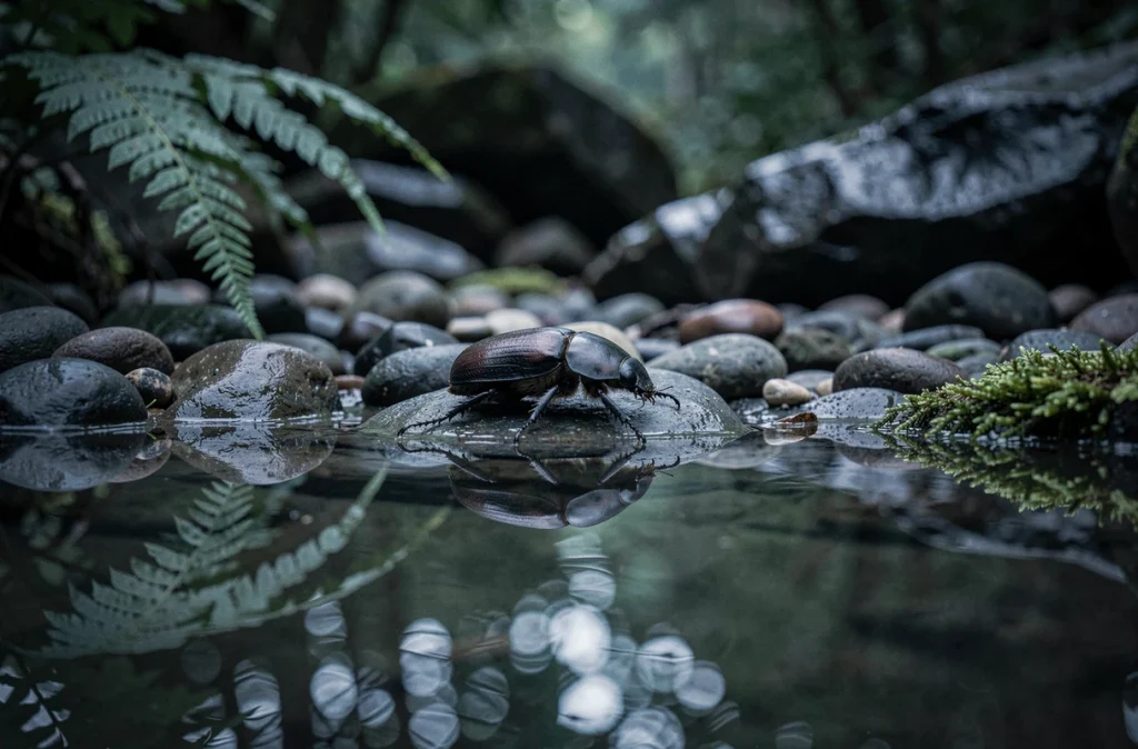 Scarabée au bord d'une surface d'eau sombre reflétant son image, évoquant la renaissance spirituelle et le cycle de la transformation
