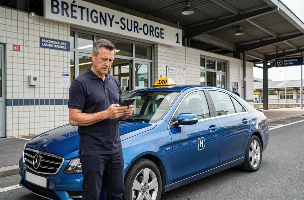Chauffeur de taxi tenant un smartphone devant l'entrée de la gare de Brétigny-sur-Orge avec une berline bleue garée