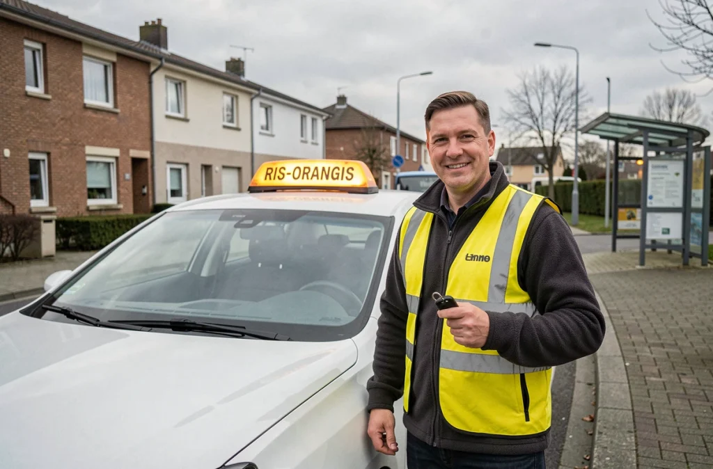 Chauffeur de taxi en gilet jaune debout à côté d'un taxi blanc avec enseigne lumineuse dans une rue de Ris-Orangis