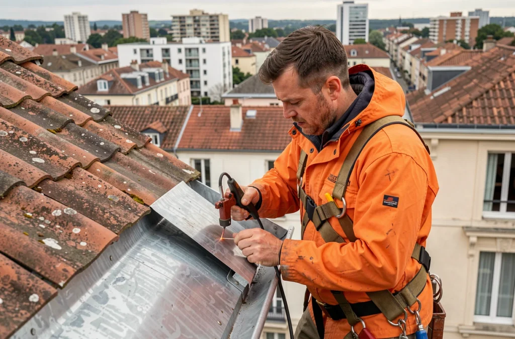 APZS Artisan Plomberie Zinguerie Sanitaire : un plombier zingueur soude une gouttière en zinc sur le toit d'un bâtiment de Villeurbanne