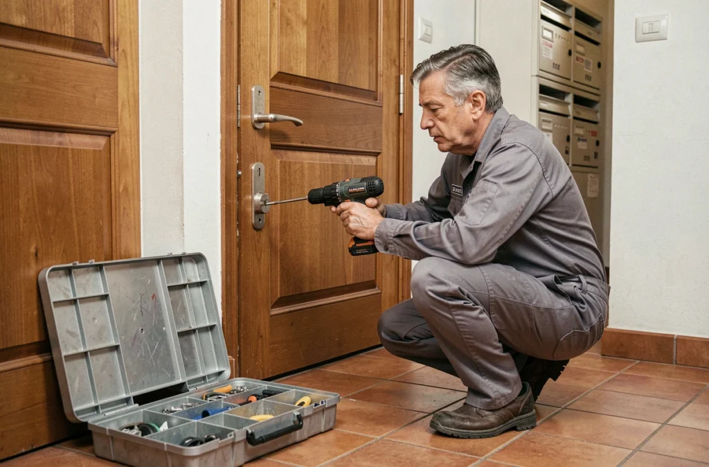 Serrurier polyvalent Bd Services installant une nouvelle serrure dans le couloir d'un immeuble résidentiel