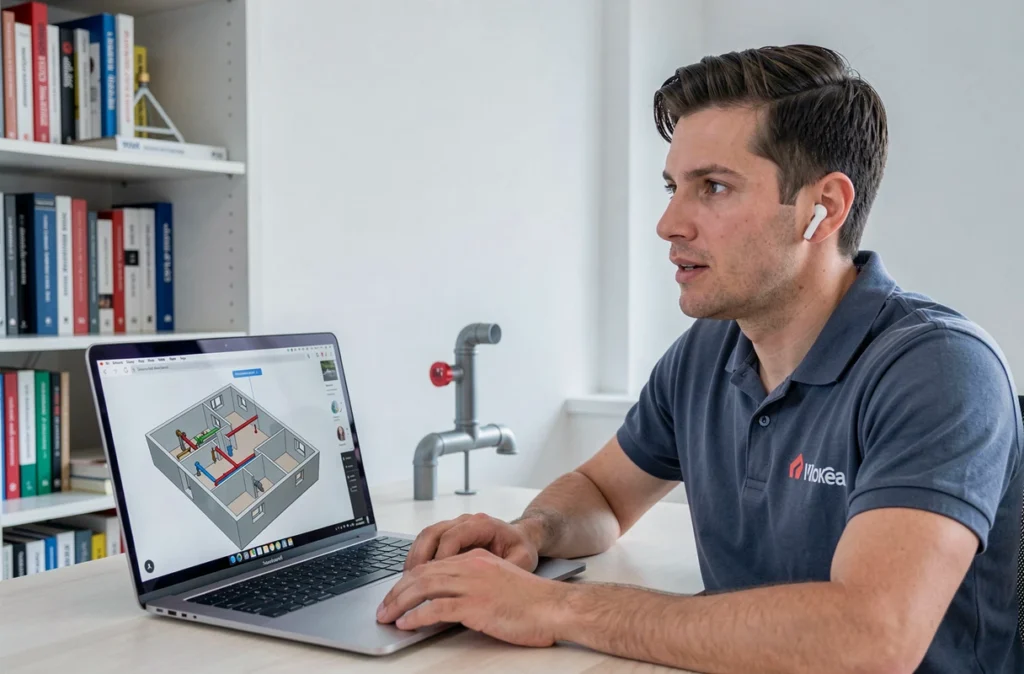 Blicko : un technicien en plomberie réalise un diagnostic à distance sur ordinateur pour un client de Villeurbanne