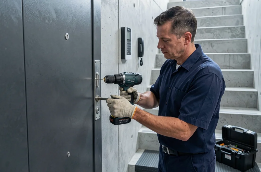 Serrurier Bmi Artisan installant une porte blindée avec serrure renforcée dans un immeuble résidentiel