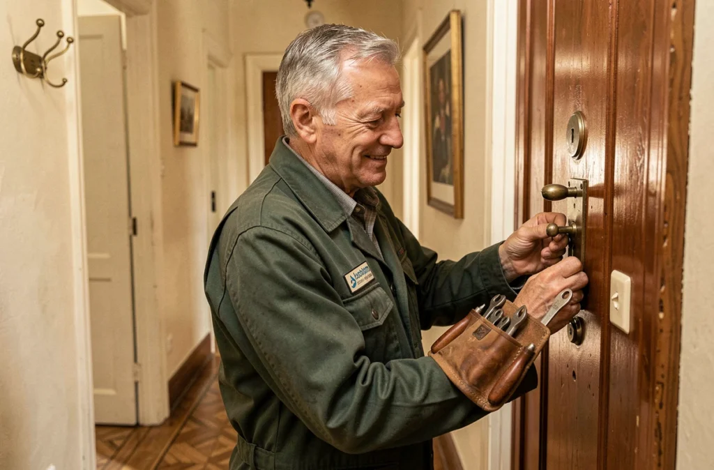 Artisan serrurier expérimenté Clément Père et Fils inspectant une serrure ancienne dans un couloir d'appartement parisien