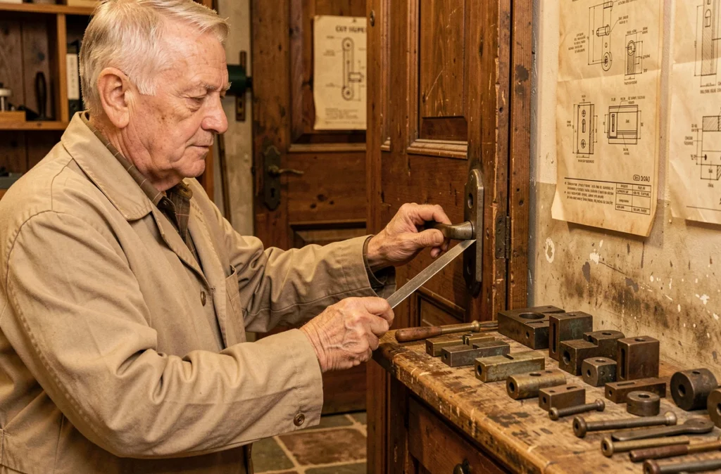 Artisan serrurier traditionnel Etablissement Baudin ajustant une serrure ancienne à mortaise dans son atelier