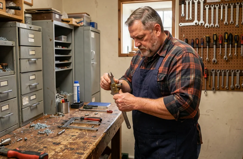 Artisan serrurier Ets Borko travaillant avec précision dans son atelier de serrurerie traditionnel