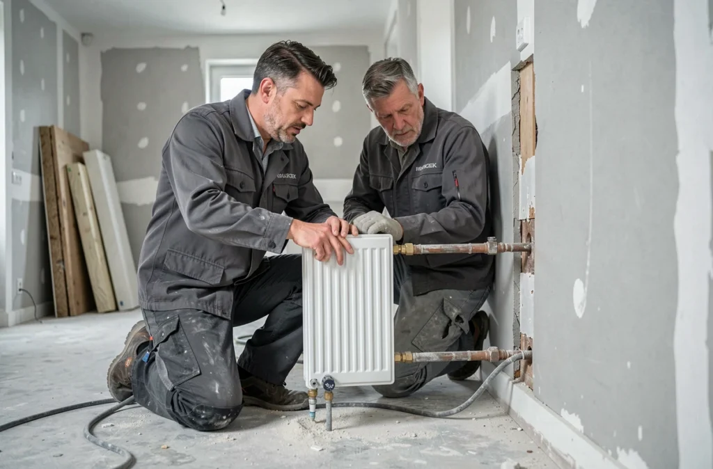 Euro Chauffage Et Rénovation : un plombier chauffagiste travaille sur un radiateur et une paroi rénovée dans un chantier de Villeurbanne