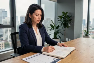 Femme professionnelle réfléchissant à ses objectifs de carrière devant un agenda daté du 1er novembre dans un bureau moderne