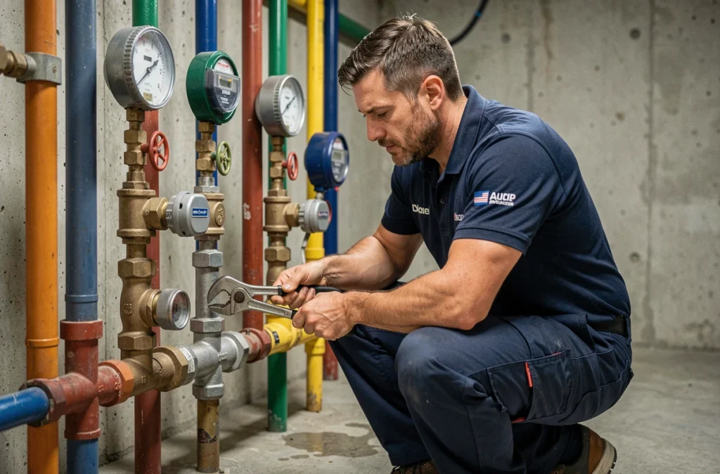 King Plomberie : un plombier dépanneur intervient sur un réseau de distribution d'eau dans la chaufferie d'un immeuble de Villeurbanne