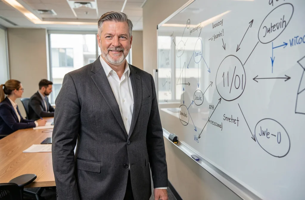 Manager en réunion de planification stratégique devant un tableau de bord avec la date 11 01 marquée comme étape clé