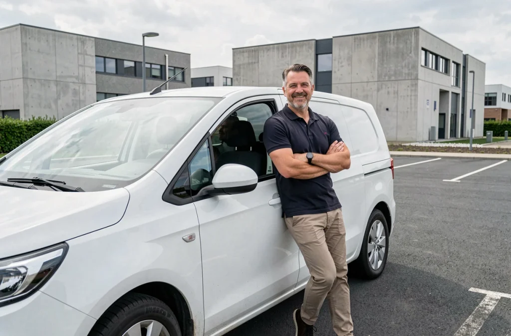 Chauffeur de taxi en polo sombre appuyé contre un minivan blanc dans une zone commerciale des Ulis